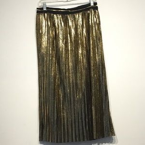 Shiny Gold Pleat Midi Skirt